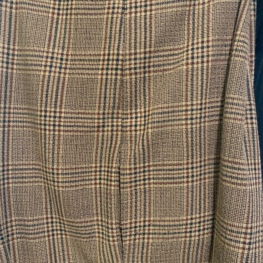 Plaid in brown, camel,sienna, slacks! Paired with turtle neck, blouse, cami? J